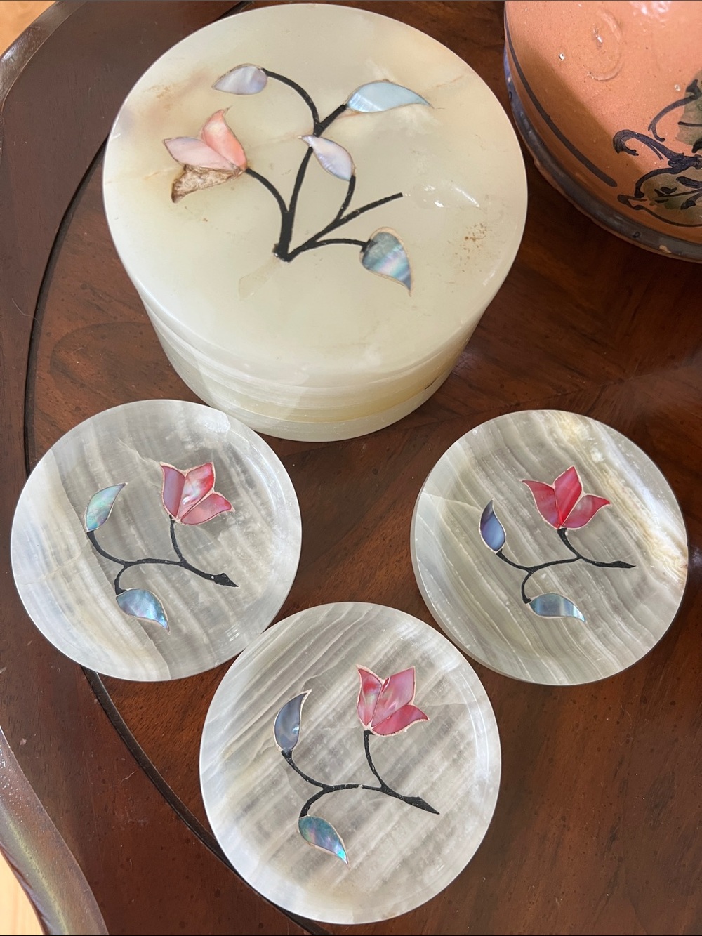 Vintage • White • Onyx Coaster Set & Lidded Holder • Floral